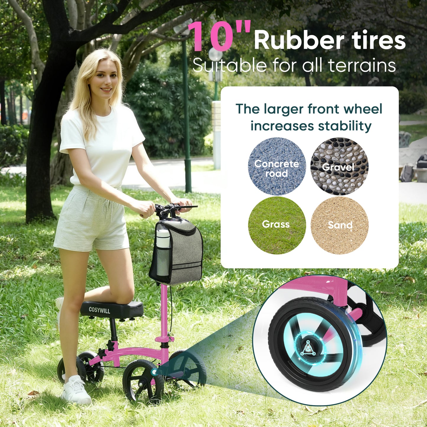 COSYWILL Steerable Knee Scooter,Economy Knee Walker,All Terrain Foldable Medical Scooter for Foot Injuries Crutches Alternative,Pink