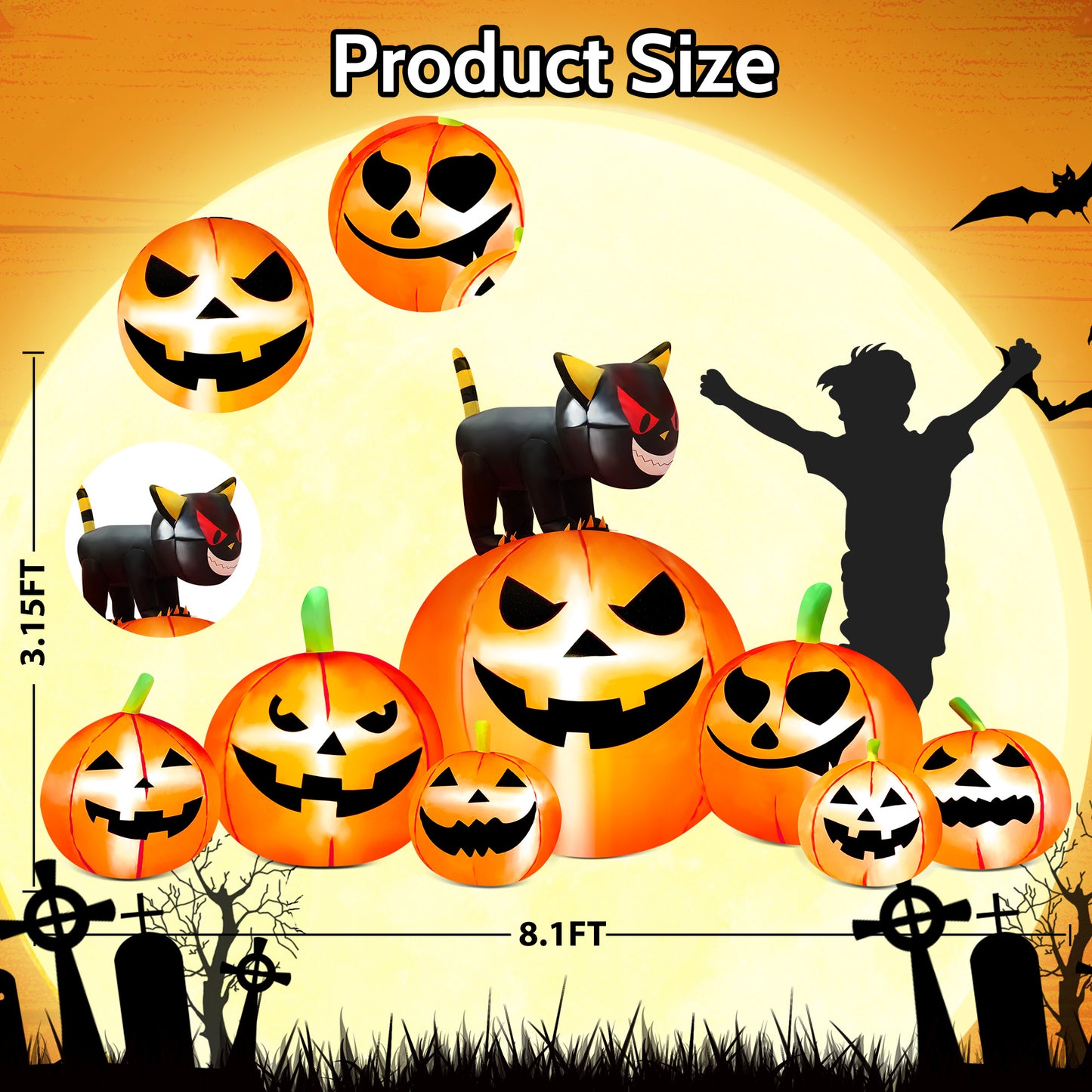 IZNEN 8.1ft Halloween Inflatable Blow Up Pumpkin Decoration,7 Glitter Pumpkins with Black Cat,Built-in LED Lights for Halloween Holiday,Yard,Garden,Lawn