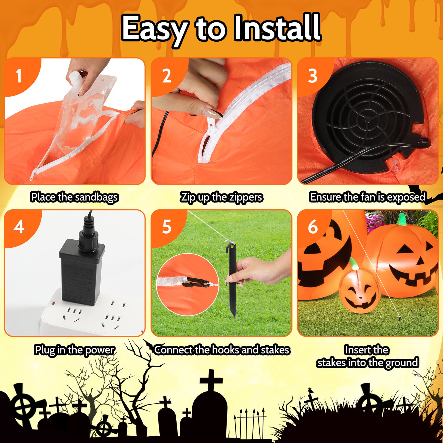 IZNEN 8ft Halloween Inflatable Blow Up Pumpkin Decoration, 7 Pumpkins with Witches Hat, Built-in LED Lights for Halloween Holiday, Yard, Garden, Lawn