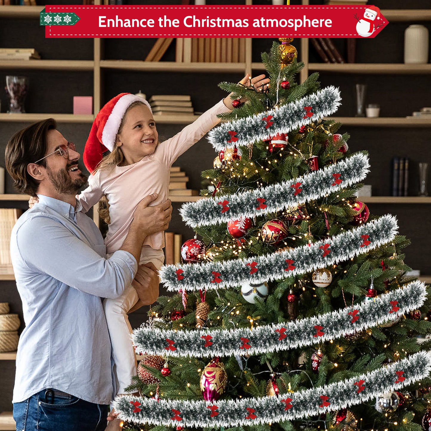 IZNEN Christmas Garland,Christmas Tinsel Garland with 38 Red Bows,Garland Christmas Decorations for Outdoor、Indoor、Holiday Party,Black & White