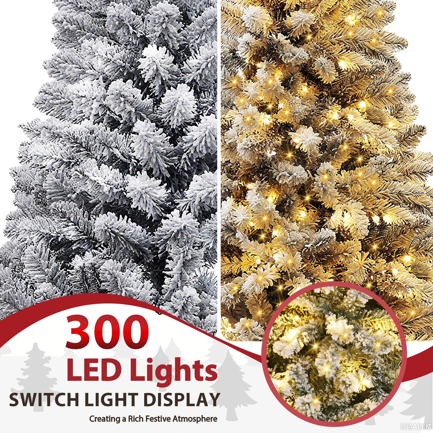 IZNEN 6ft Pre-Lit Snowflake Flocked Christmas Tree,8 Modes LED Lights,Artificial Xmas Tree with Storage Bag
