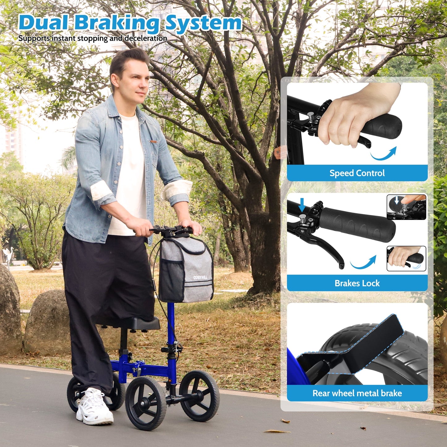 COSYWILL Steerable Knee Scooter,Knee Walker Scooter for Adults with 10" Front Wheels,Foldable Knee Scooter for Foot Surgery Crutches Alternative,Blue