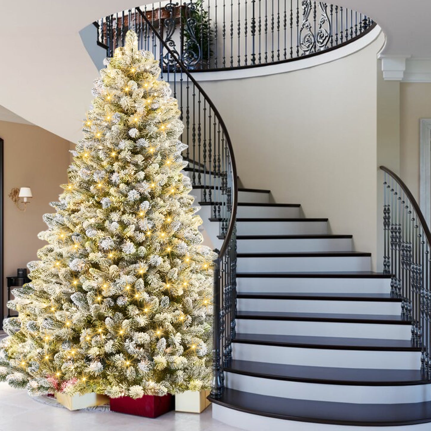 IZNEN 6ft Pre-Lit Snowflake Flocked Christmas Tree,8 Modes LED Lights,Artificial Xmas Tree with Storage Bag