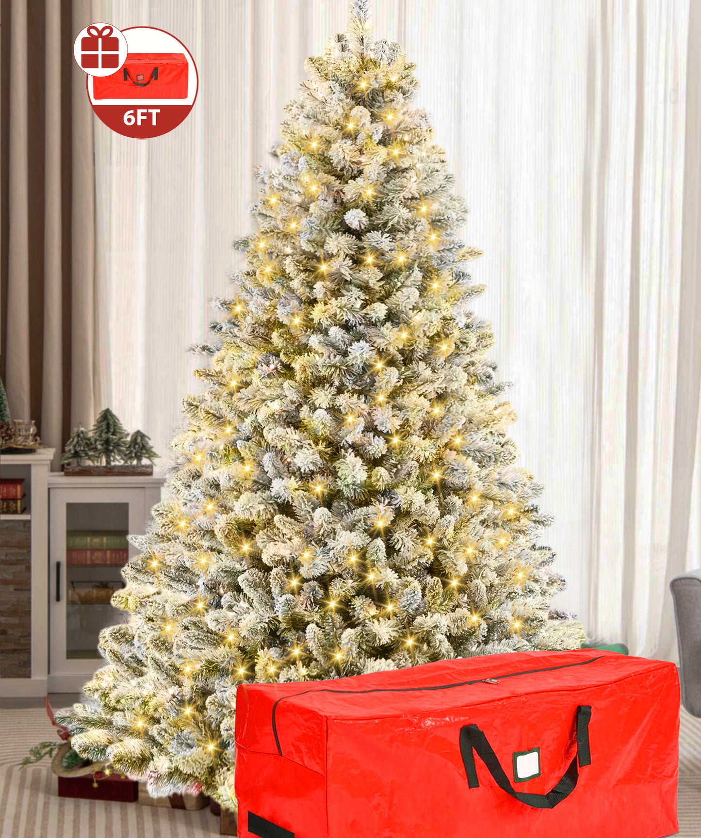 IZNEN 6ft Pre-Lit Snowflake Flocked Christmas Tree,8 Modes LED Lights,Artificial Xmas Tree with Storage Bag