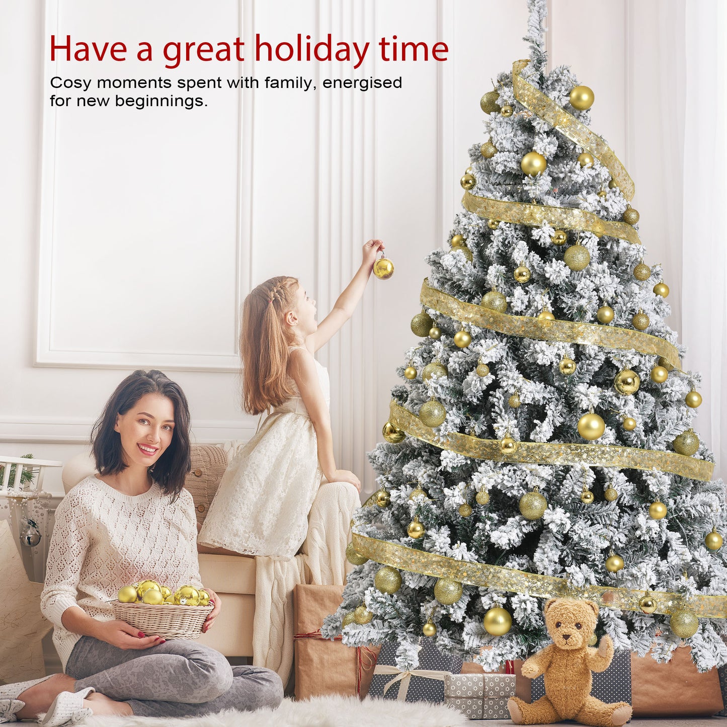 IZNEN 6ft Pre-Lit Snowflake Flocked Christmas Tree,8 Modes LED Lights,Artificial Xmas Tree with Storage Bag
