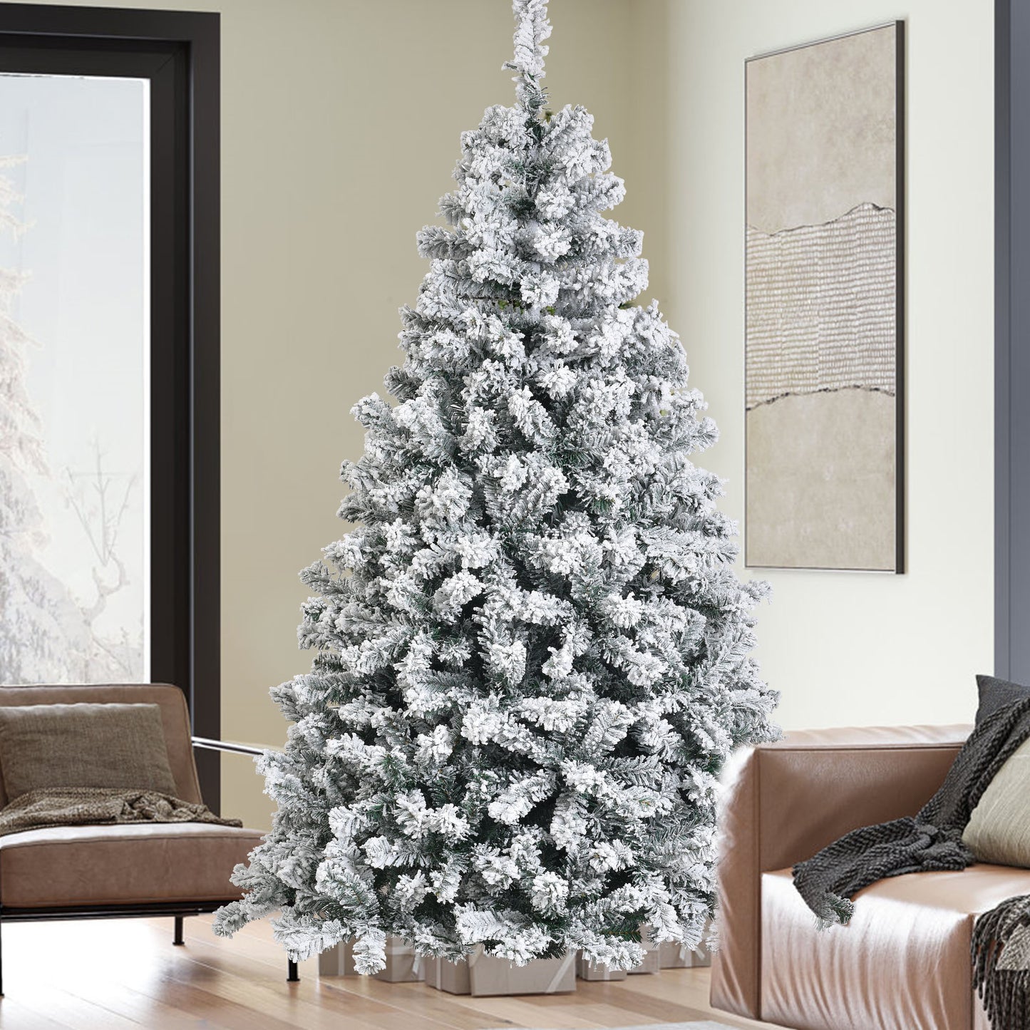IZNEN 6ft Pre-Lit Snowflake Flocked Christmas Tree,8 Modes LED Lights,Artificial Xmas Tree with Storage Bag