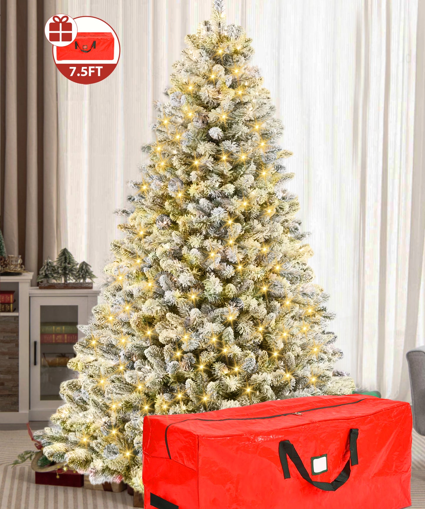 IZNEN 7.5ft Pre-Lit Snowflake Flocked Christmas Tree,8 Modes LED Lights,Artificial Xmas Tree with Storage Bag