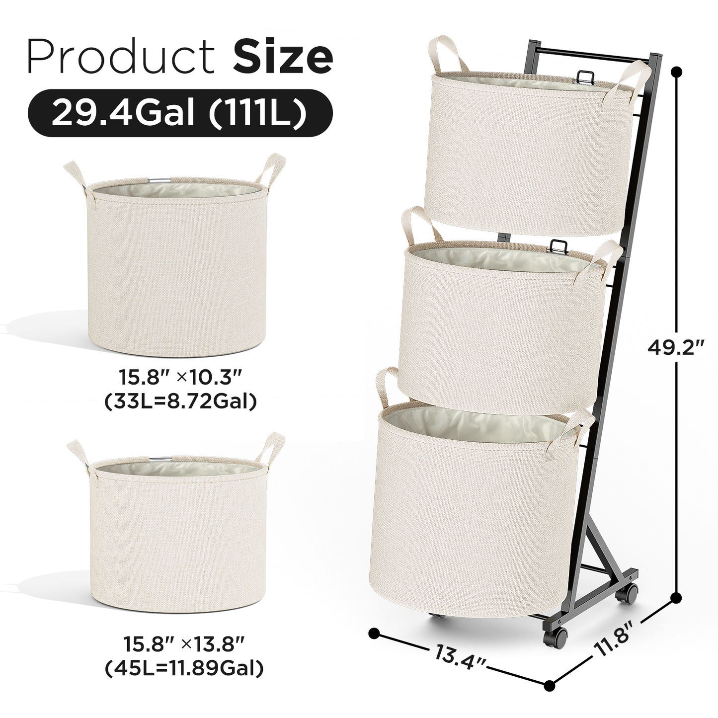 YOUPIS 3-Tier 111L Laundry Hamper Sorter,Laundry Storage Organizer with Wheels Removable Rolling Laundry Baskets for Bathroom, Dorm, Laundry Room,Beige