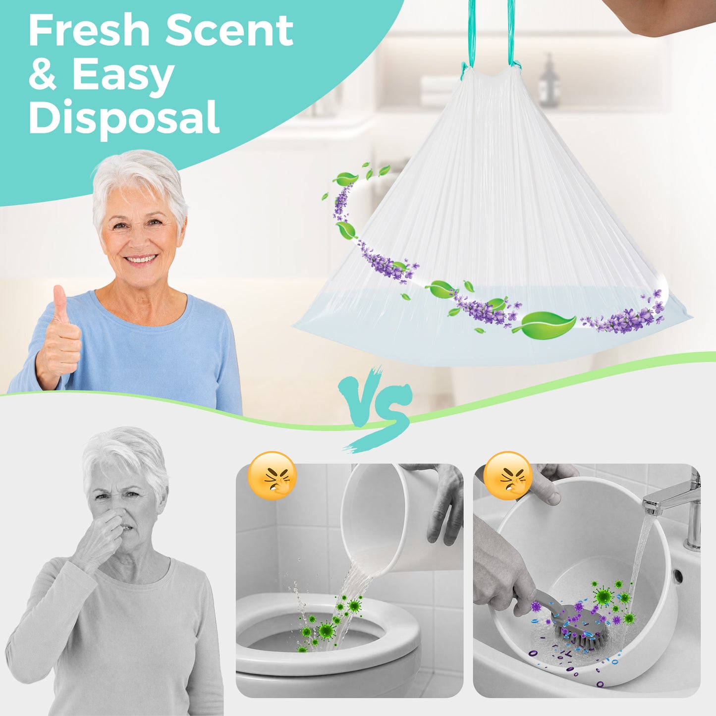 COSYWILL 100 Count Commode Liners with Absorbent Pads,Disposable Bedside Commode Bags,Leak-Proof Portable Toilet & Bedpan Liners,Lavender Scented