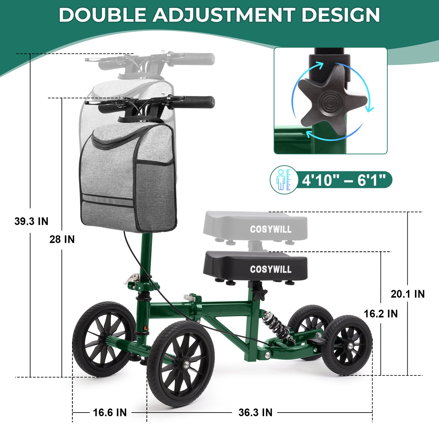 COSYWILL All Terrain Knee Scooter,Knee Walker Scooter for Foot Injuries,Adults Roller Scooter for with 10“ TPU Wheel,Compact Crutches Alternative,Green