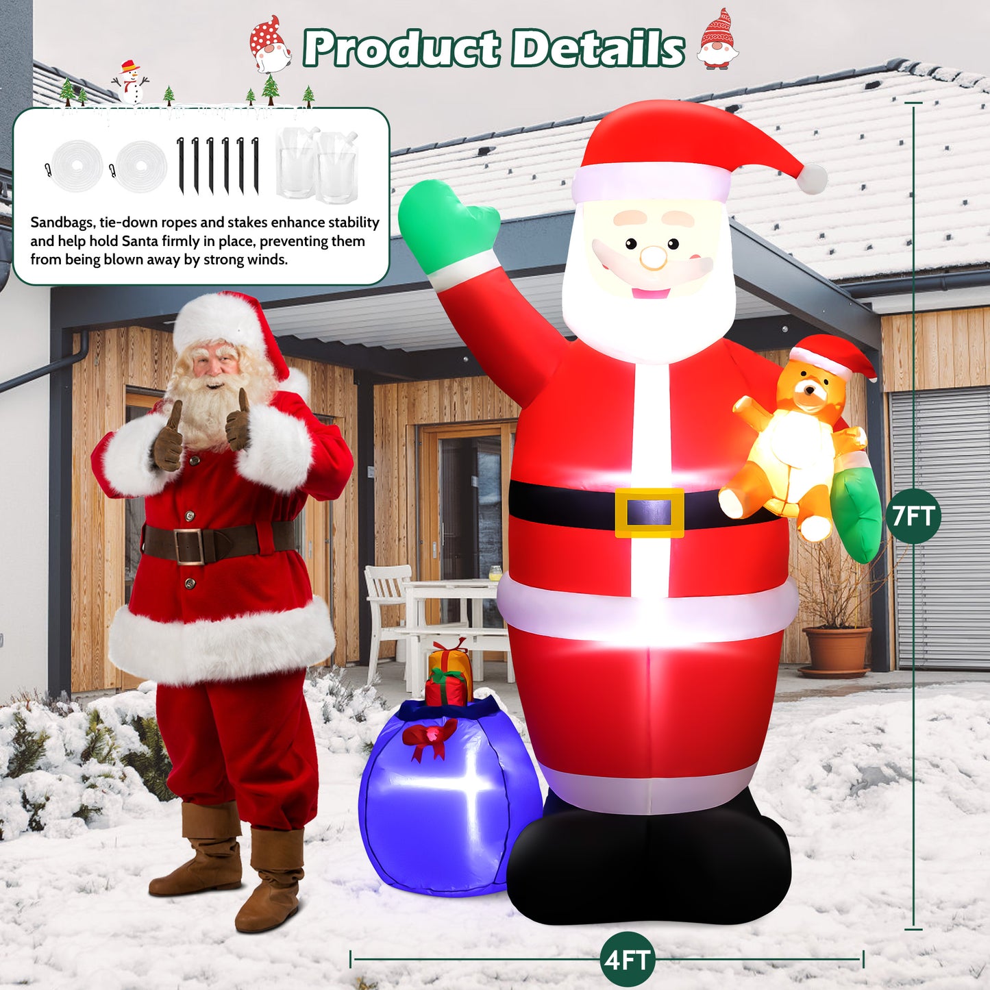 IZNEN 7FT Christmas Inflatable Senior Citizen Outdoor Decor with Gift Bag and Bear Large Blow Up Santa with LED Lights for Yard,Garden,Lawn