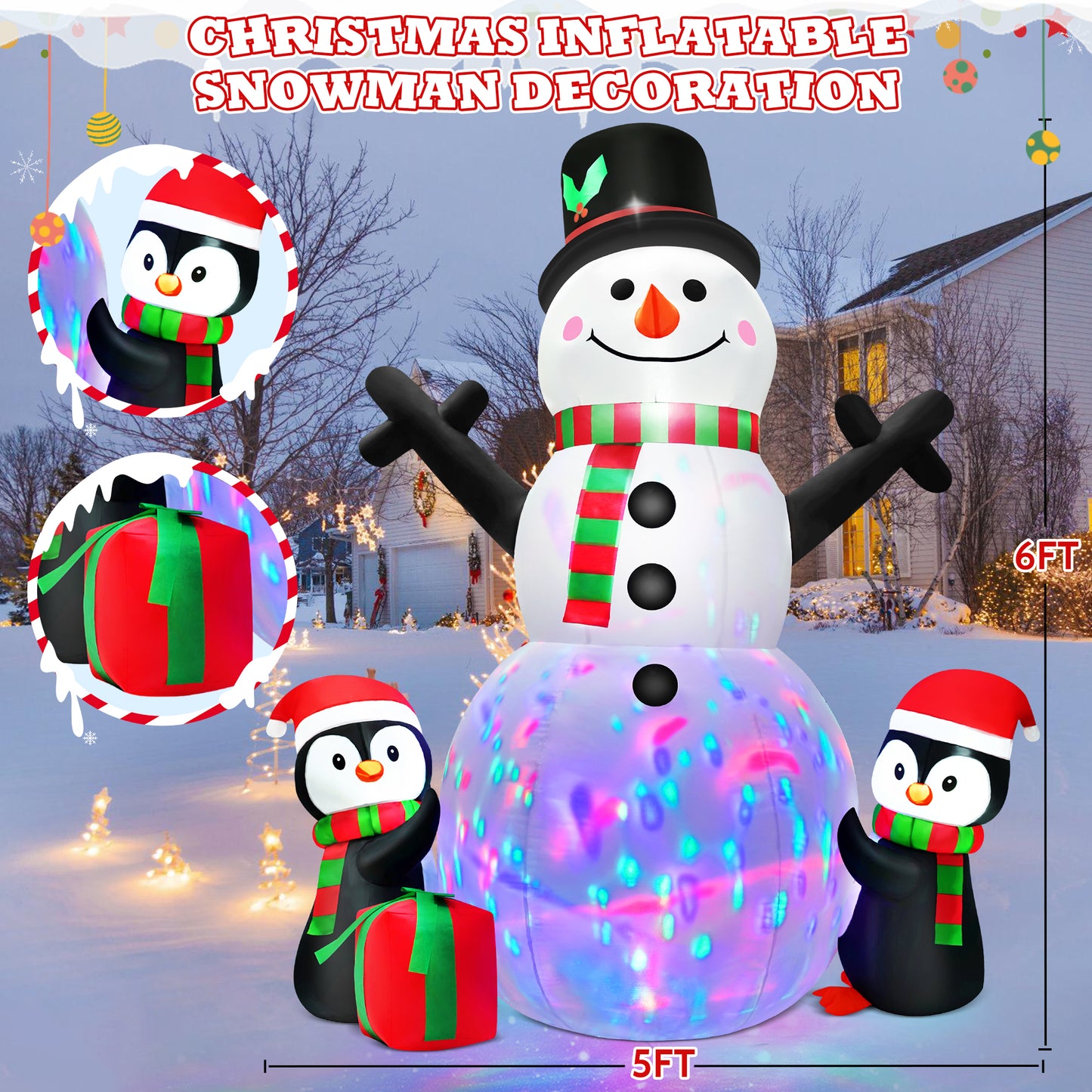 Yexmas 6FT Christmas Snowman Inflatables,Outdoor Snowman Decor with Penguins & Gift Boxes,Xmas Blow Up Yard Inflatables for Party Indoor Garden Lawn Decor