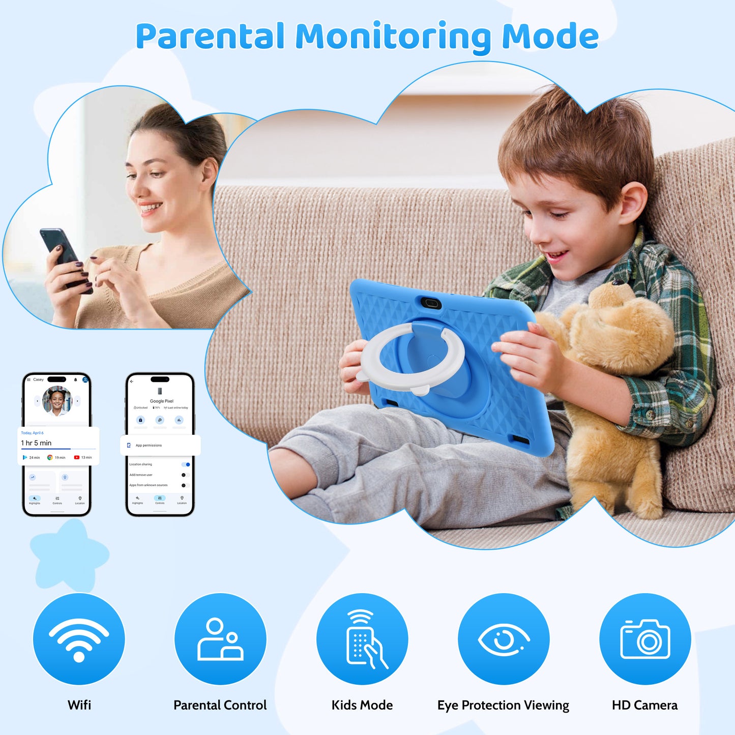 TEAYINGDE Kids Tablet 10.1" Android 13 Tablet with WiFi 64GB Tablet for Ages 3–8 Kids Tablet with Silicone Case Google Play Parental Control APP (Blue)