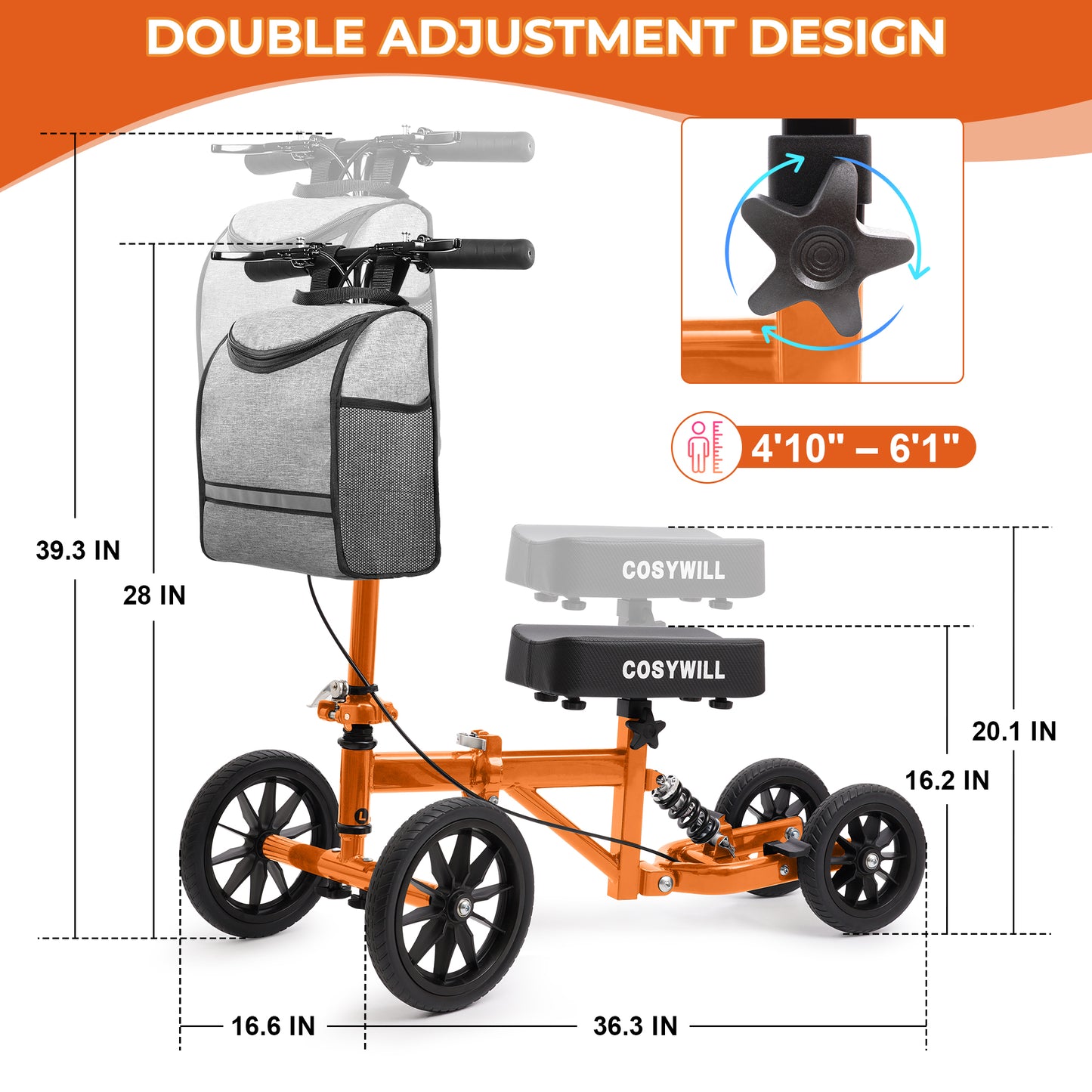 COSYWILL All Terrain Knee Scooter,Knee Walker Scooter for Foot Injuries,Adults Roller Scooter for with 10“ TPU Wheel,Compact Crutches Alternative,Orange
