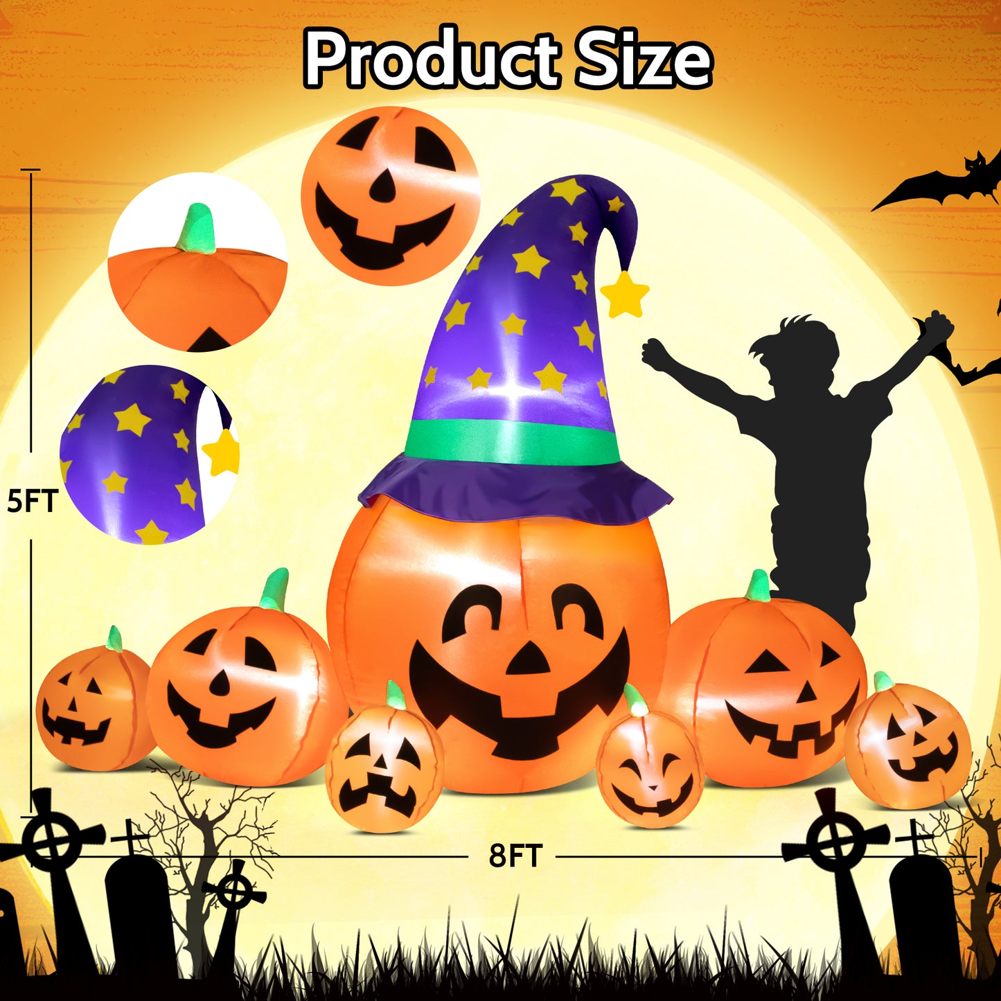 IZNEN 8ft Halloween Inflatable Blow Up Pumpkin Decoration, 7 Pumpkins with Witches Hat, Built-in LED Lights for Halloween Holiday, Yard, Garden, Lawn