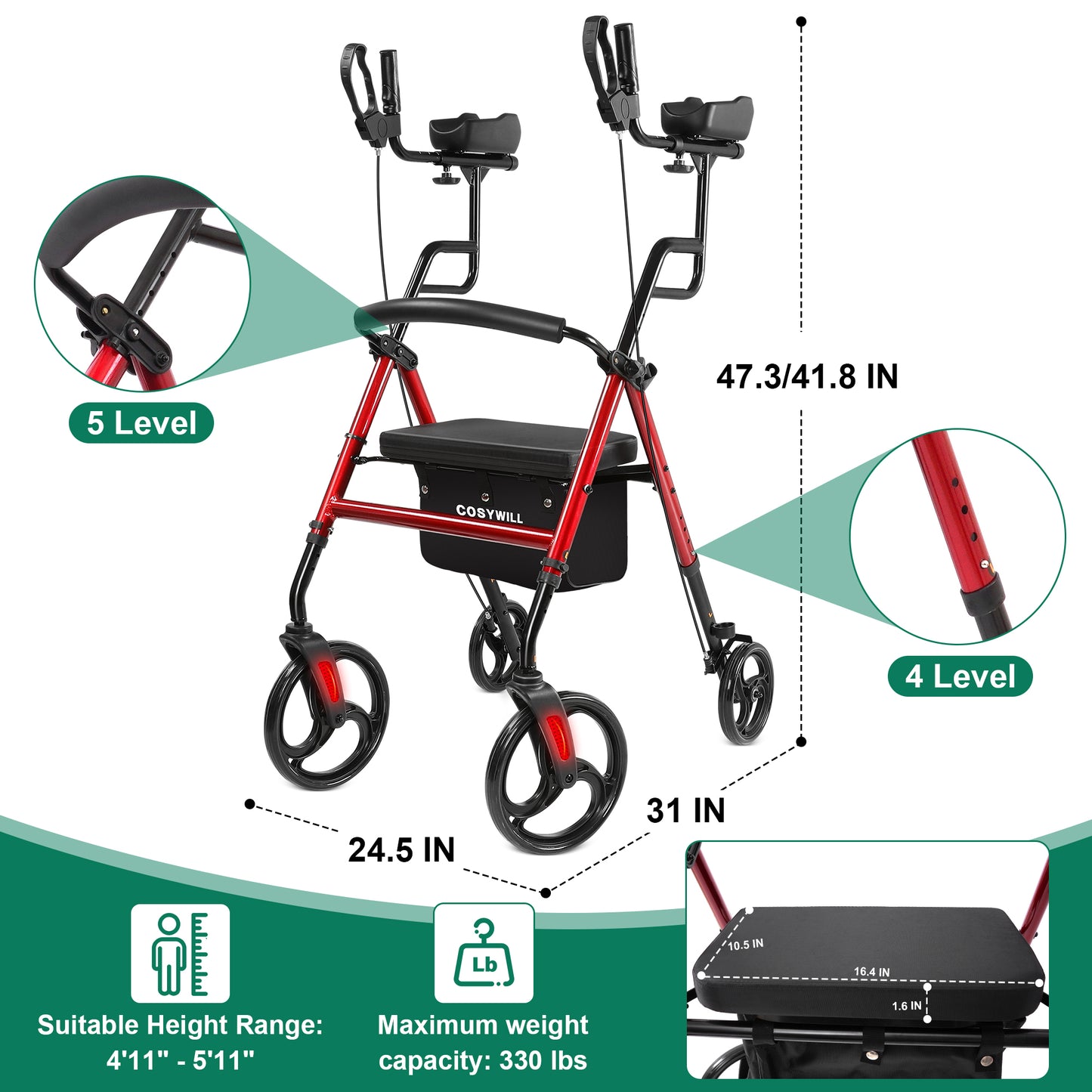 COSYWILL Upright Rollator Walker,Stand Up Walkers for Seniors and Adults with Backrest Seat,Lightweight and Folding Design,Red