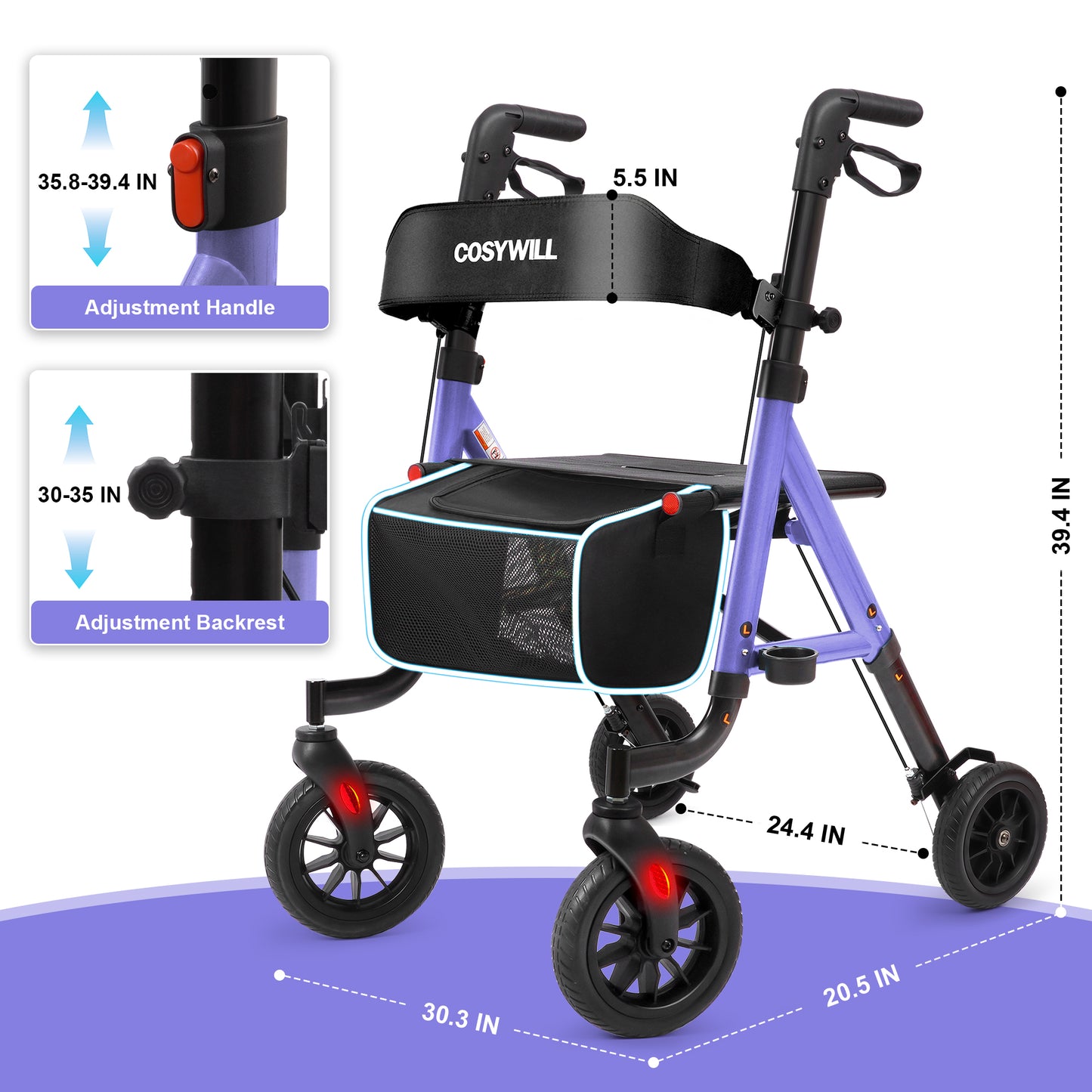 COSYWILL Aluminum Rollator Walker with Seat,Height Adjustable Mobility Walker with 8" Wheels,350 lb Weight Capacity,Purple