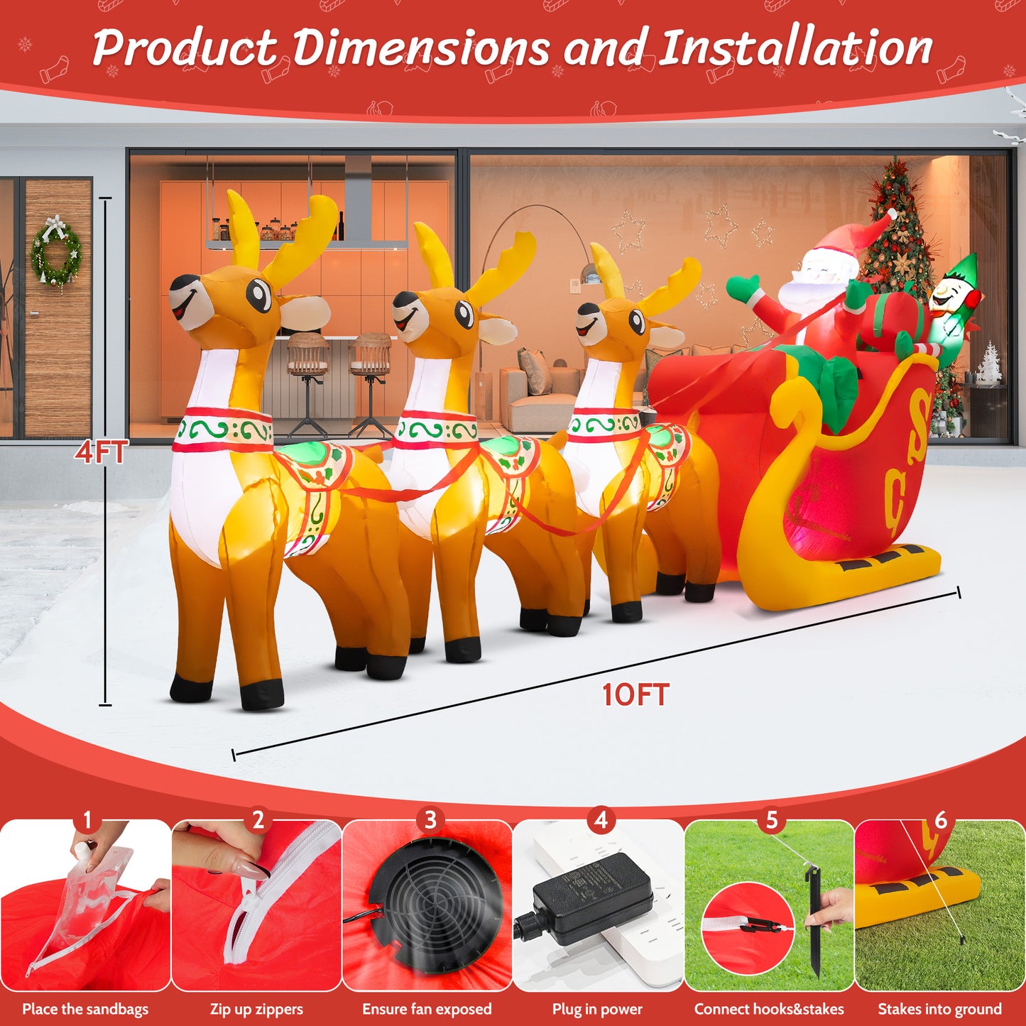 IZNEN 10ft Christmas Inflatable Santa Claus On Sleigh With 3 Reindeer Outdoor Lights Decor for Holiday Decor,Xmas Party,Yard,Garden and Lawn