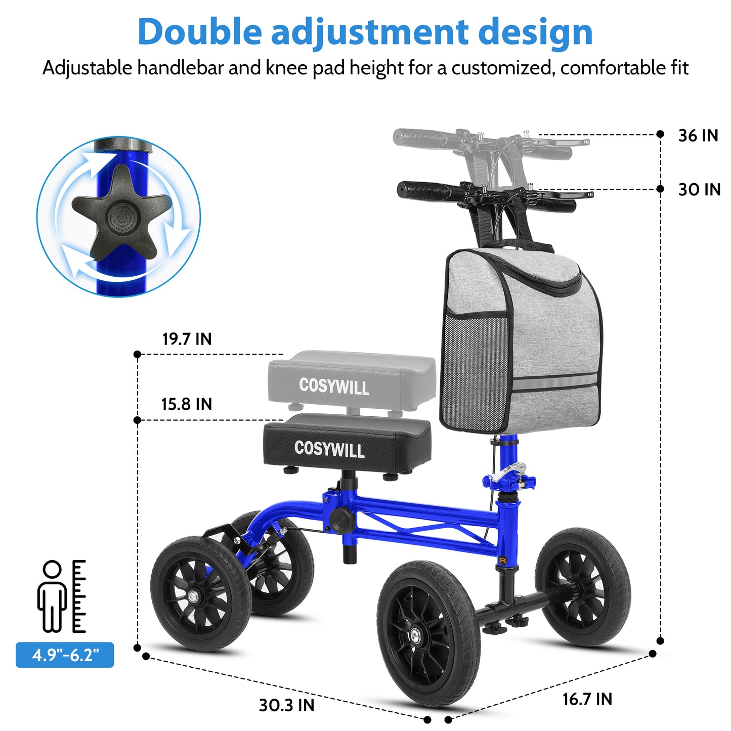 COSYWILL Knee Scooter,Economy Knee Walker with Dual Braking System,Foldable Scooter for Foot Injuries,Compact Crutches Alternative,Blue