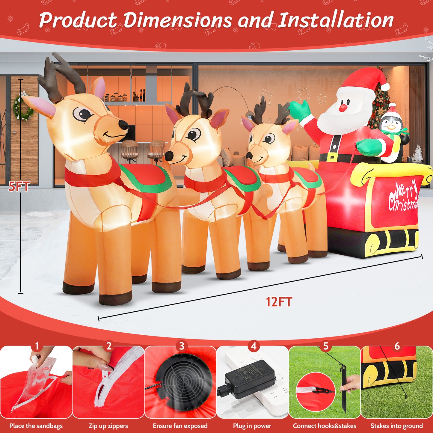 IZNEN 12ft Christmas Inflatable Santa Claus On Sleigh With 3 Reindeer Outdoor Lights Decor for Holiday Decor,Xmas Party,Yard,Garden and Lawn