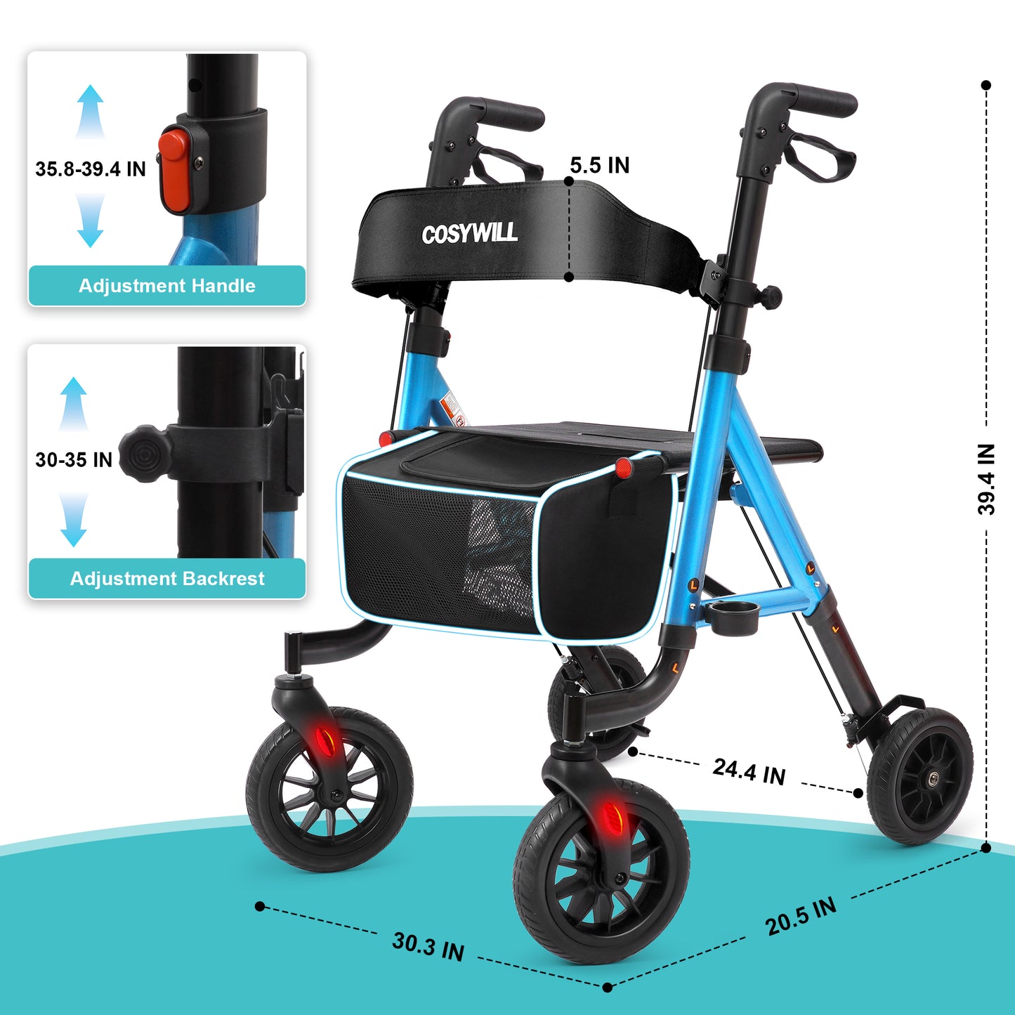 COSYWILL Aluminum Rollator Walker with Seat,Height Adjustable Mobility Walker with 8" Wheels,350 lb Weight Capacity,Blue