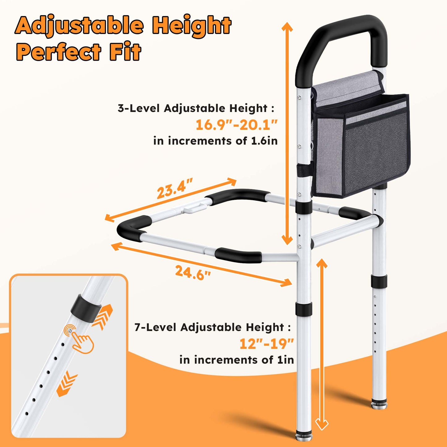 COSYWILL Adjustable Bed Rails for Adults, 330LB Bed Cane, Bed Assist Rails with Non-Slip Handle, Storage Pockets and Tool-Free Assembly