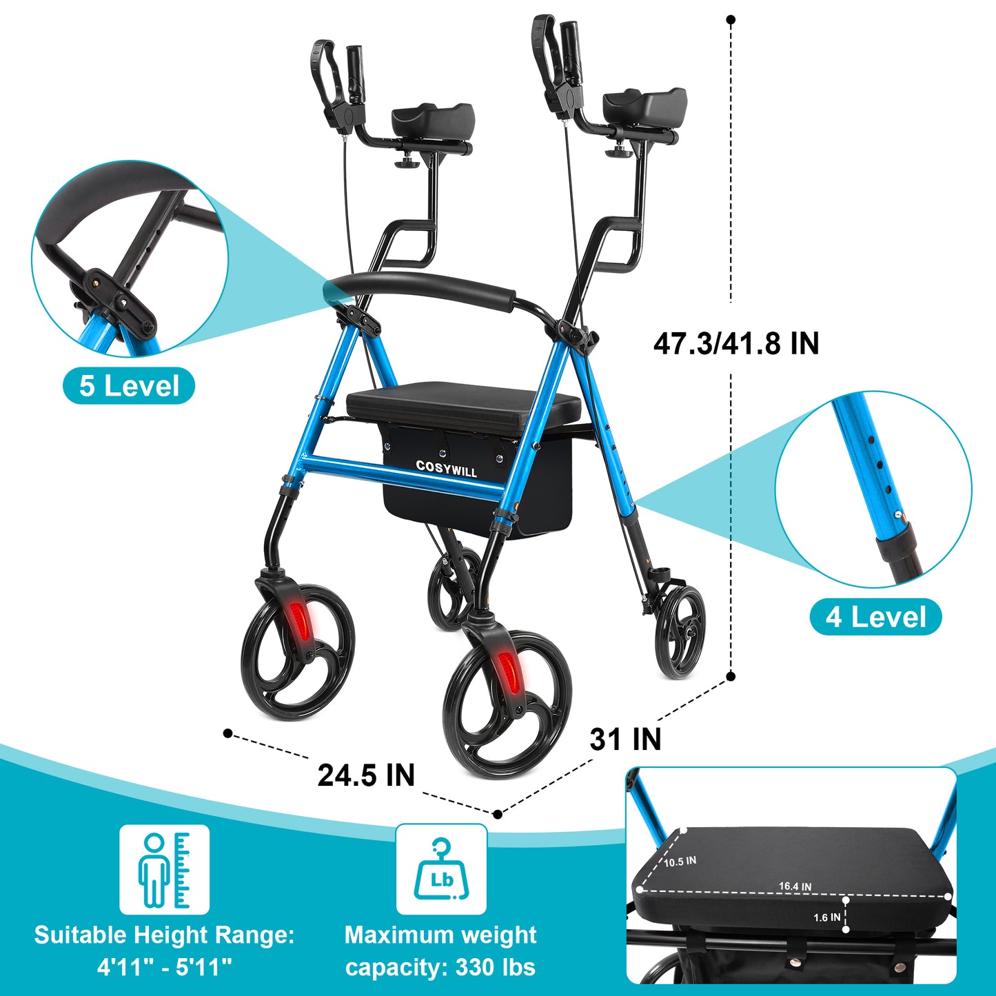 COSYWILL Upright Rollator Walker,Stand Up Walkers for Seniors and Adults with Backrest Seat,Lightweight and Folding Design,Blue