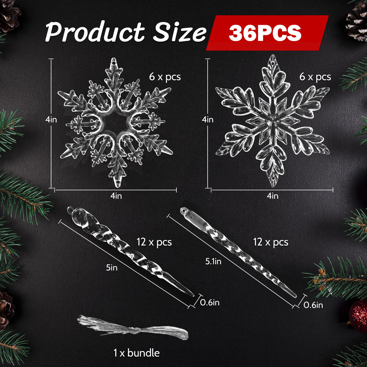 Yexmas 36 Pcs Christmas Tree Crystal Ornaments, Hanging Acrylic Navidad Snowflake Icicle Pendant Crystal Decorations for Holiday Decor, New Year Party