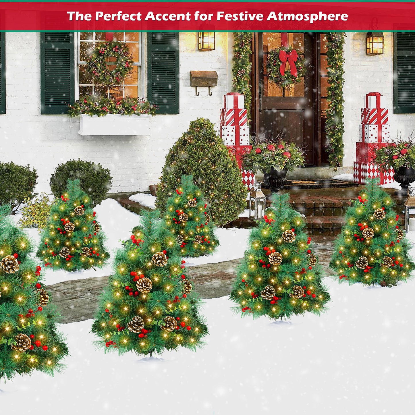 Yexmas 2PCS Small Outdoor Christmas Trees with LED Lights,30" Artificial Xmas Decora for Porch,Yard,Pathway,Garden,PVC+PE+Pine Needles