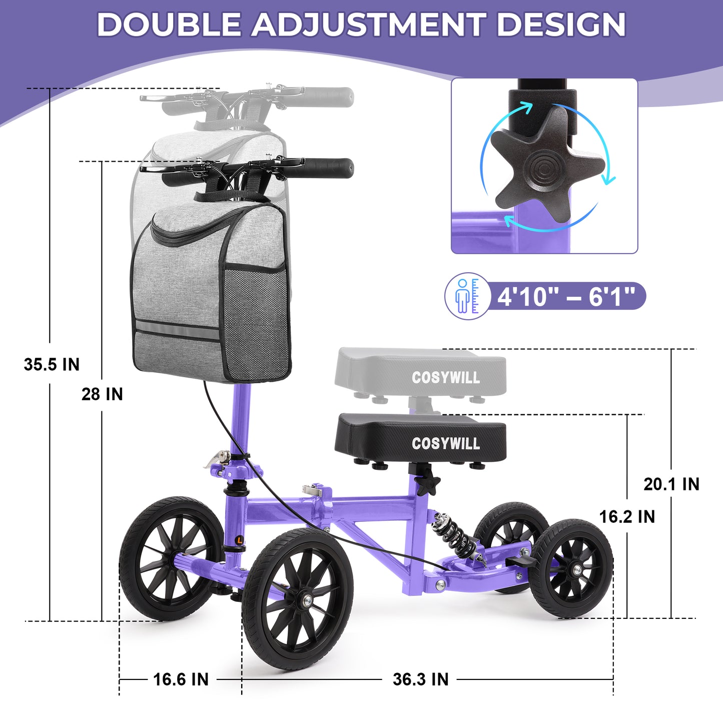 COSYWILL All Terrain Knee Scooter,Knee Walker Scooter for Foot Injuries,Adults Roller Scooter for with 10“ TPU Wheel,Compact Crutches Alternative,Purple