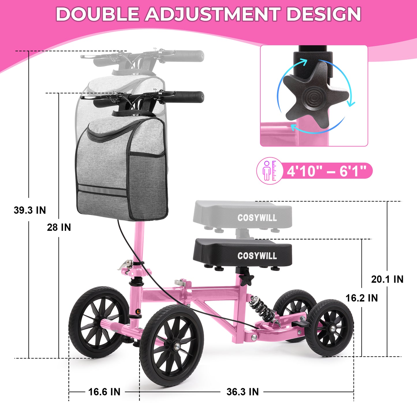 COSYWILL All Terrain Knee Scooter,Knee Walker Scooter for Foot Injuries,Adults Roller Scooter for with 10“ TPU Wheel,Compact Crutches Alternative,Pink
