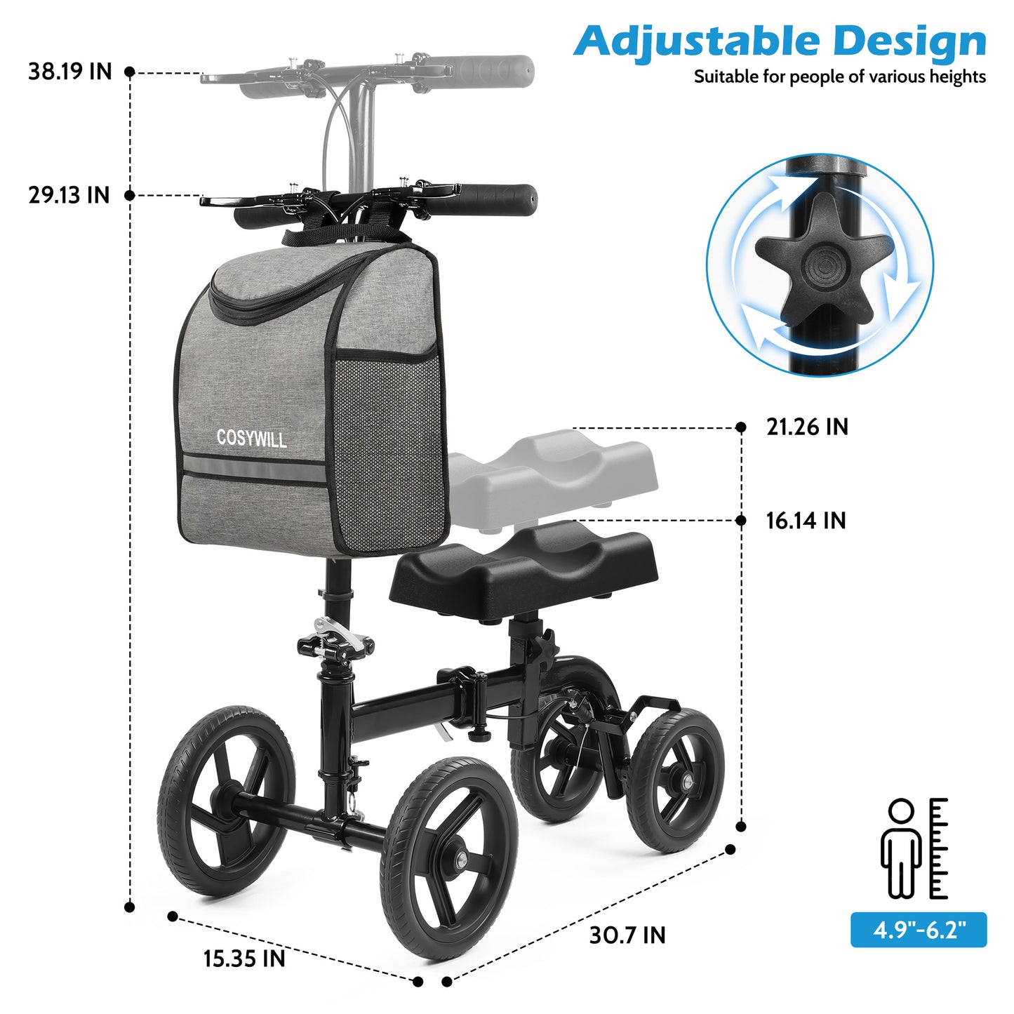 COSYWILL Steerable Knee Scooter,Knee Walker Scooter for Adults with 10" Front Wheels,Foldable Knee Scooter for Foot Surgery Crutches Alternative,Black