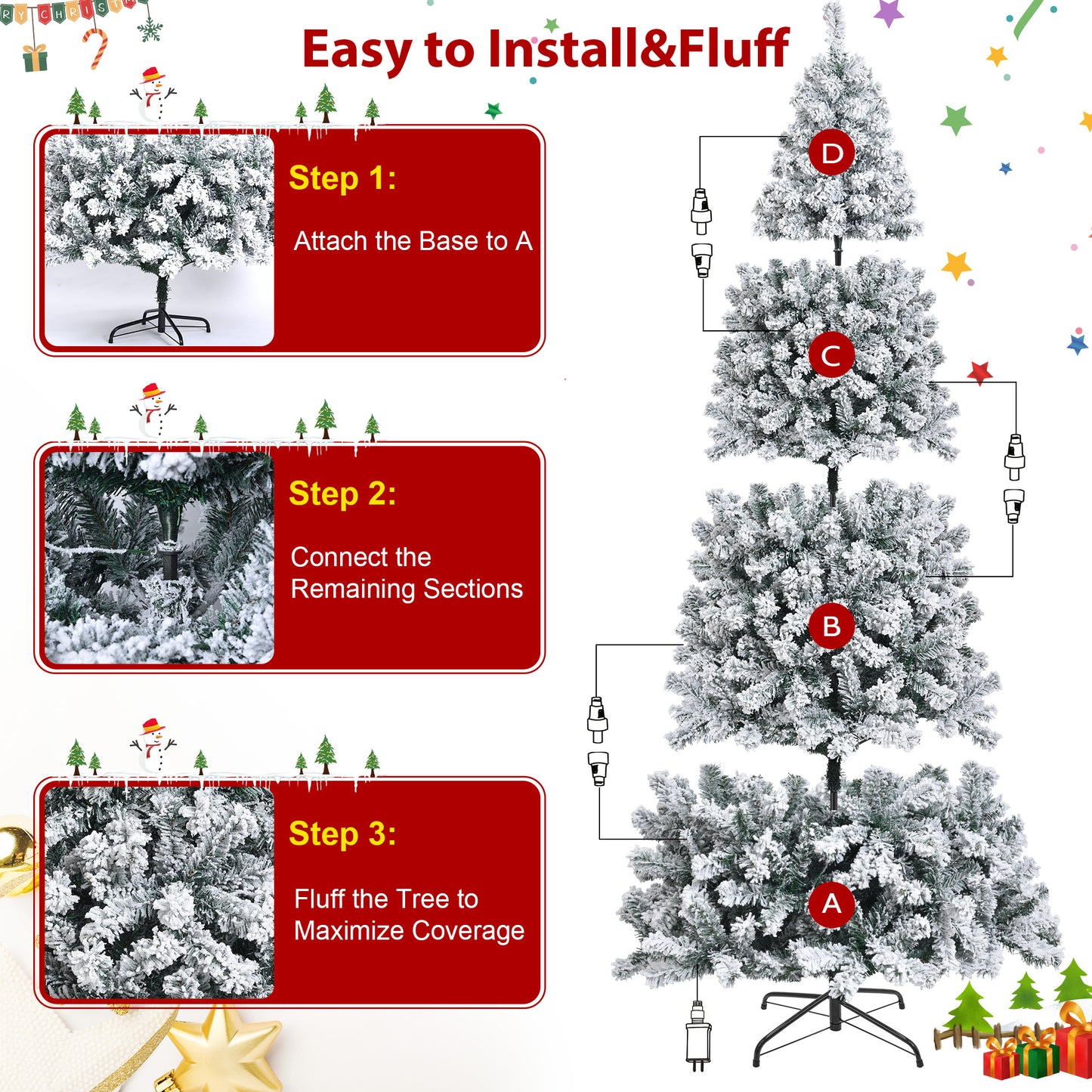 IZNEN 9ft Pre-Lit Snowflake Flocked Christmas Tree,8 Modes LED Lights,Artificial Xmas Tree with Storage Bag