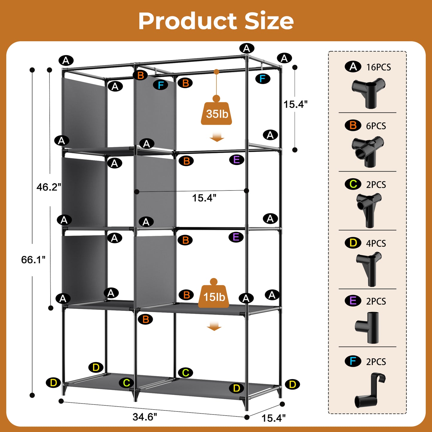 YOUPINS Portable Clothes Organizer with Hanging Rod, Portable Closet Non-Woven Fabric,Black