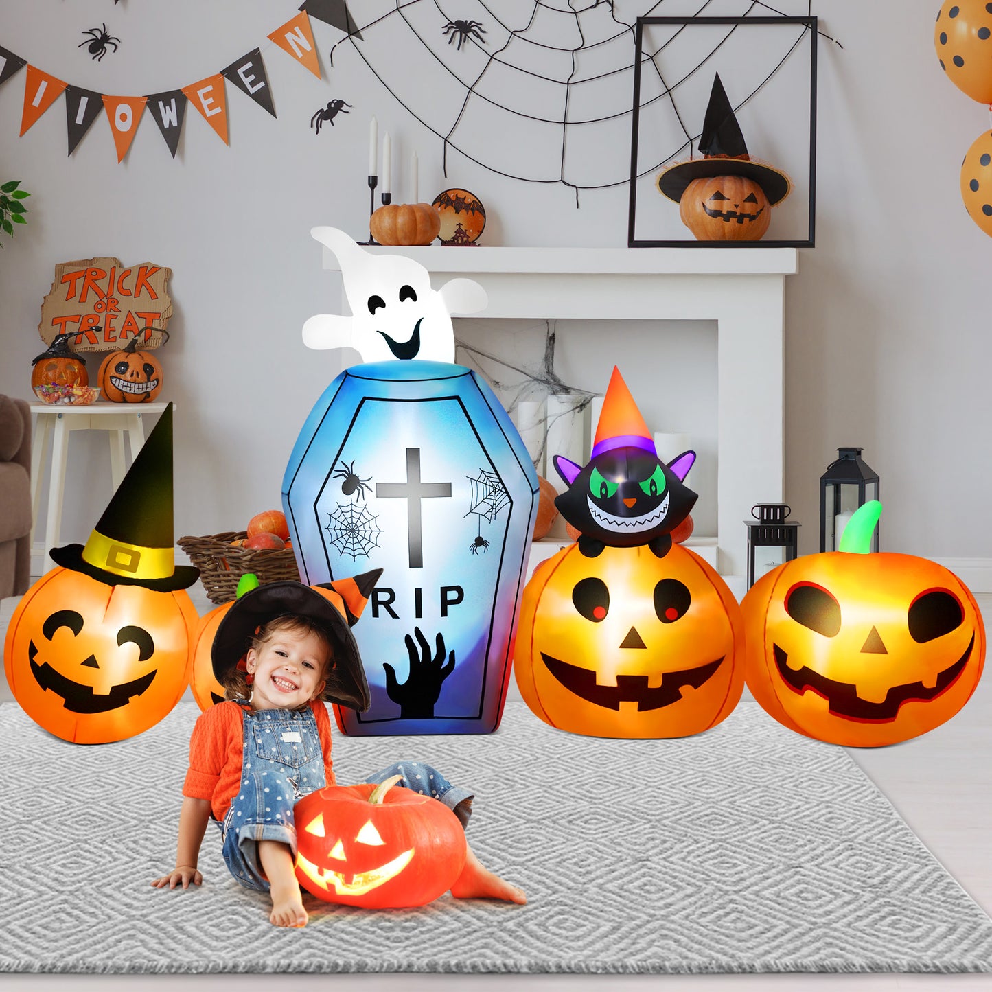 IZNEN 9.5ft Halloween Inflatable Pumpkins Outdoor Decor with Black Cat Tombstone and Spectre,Built-in LED Lights,for Halloween Party,Yard,Garden,Lawn