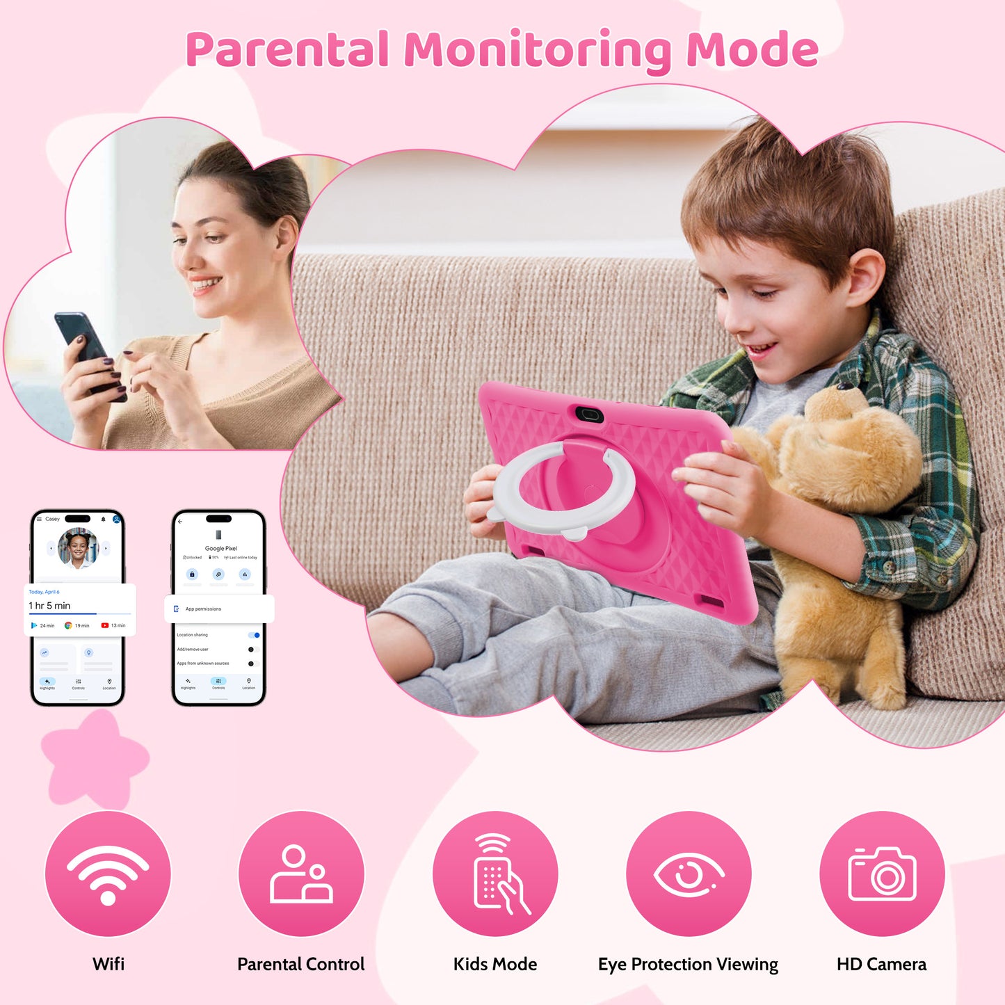 TEAYINGDE Kids Tablet 10.1" Android 13 Tablet with WiFi 64GB Tablet for Ages 3–8 Kids Tablet with Silicone Case Google Play Parental Control APP (Blue)