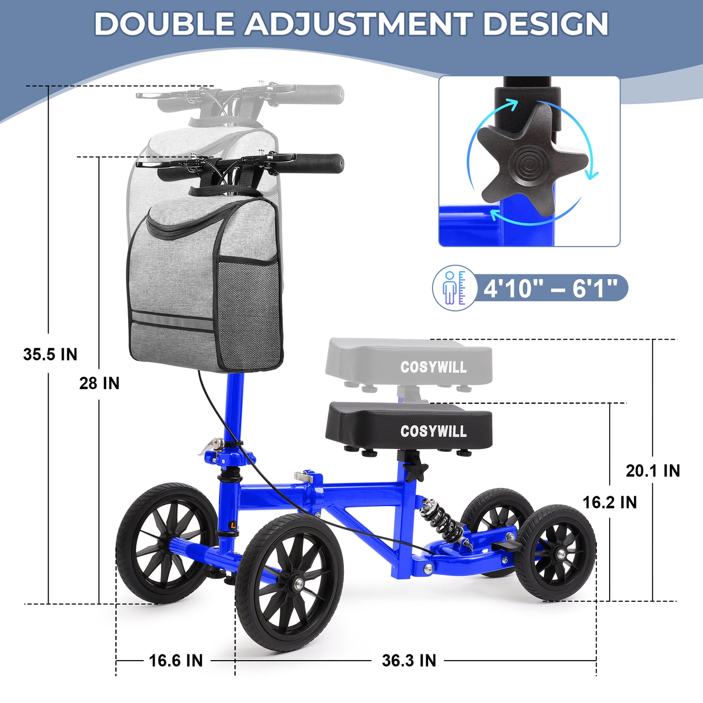 COSYWILL All Terrain Knee Scooter,Knee Walker Scooter for Foot Injuries,Adults Roller Scooter for with 10“ TPU Wheel,Compact Crutches Alternative,Blue