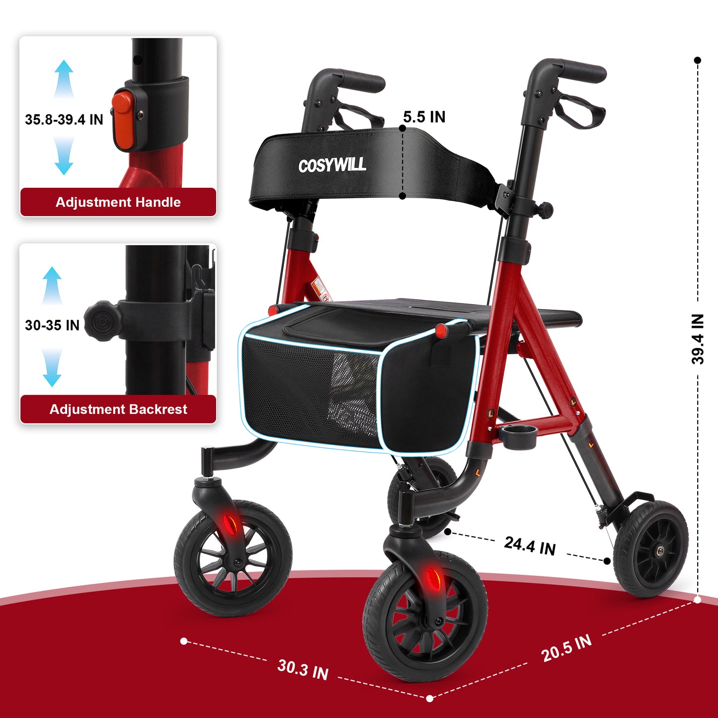 COSYWILL Aluminum Rollator Walker with Seat,Height Adjustable Mobility Walker with 8" Wheels,350 lb Weight Capacity,Red