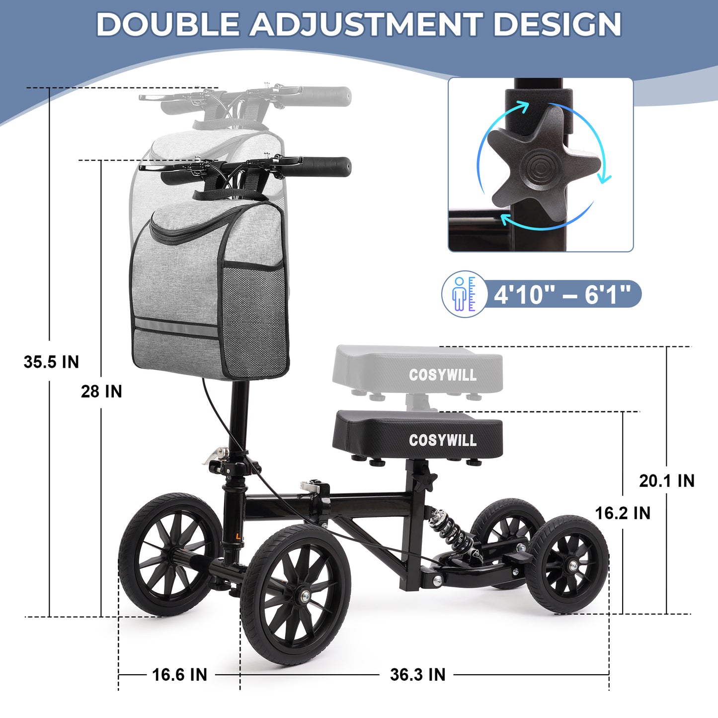 COSYWILL All Terrain Knee Scooter,Knee Walker Scooter for Foot Injuries,Adults Roller Scooter for with 10“ TPU Wheel,Compact Crutches Alternative,Black