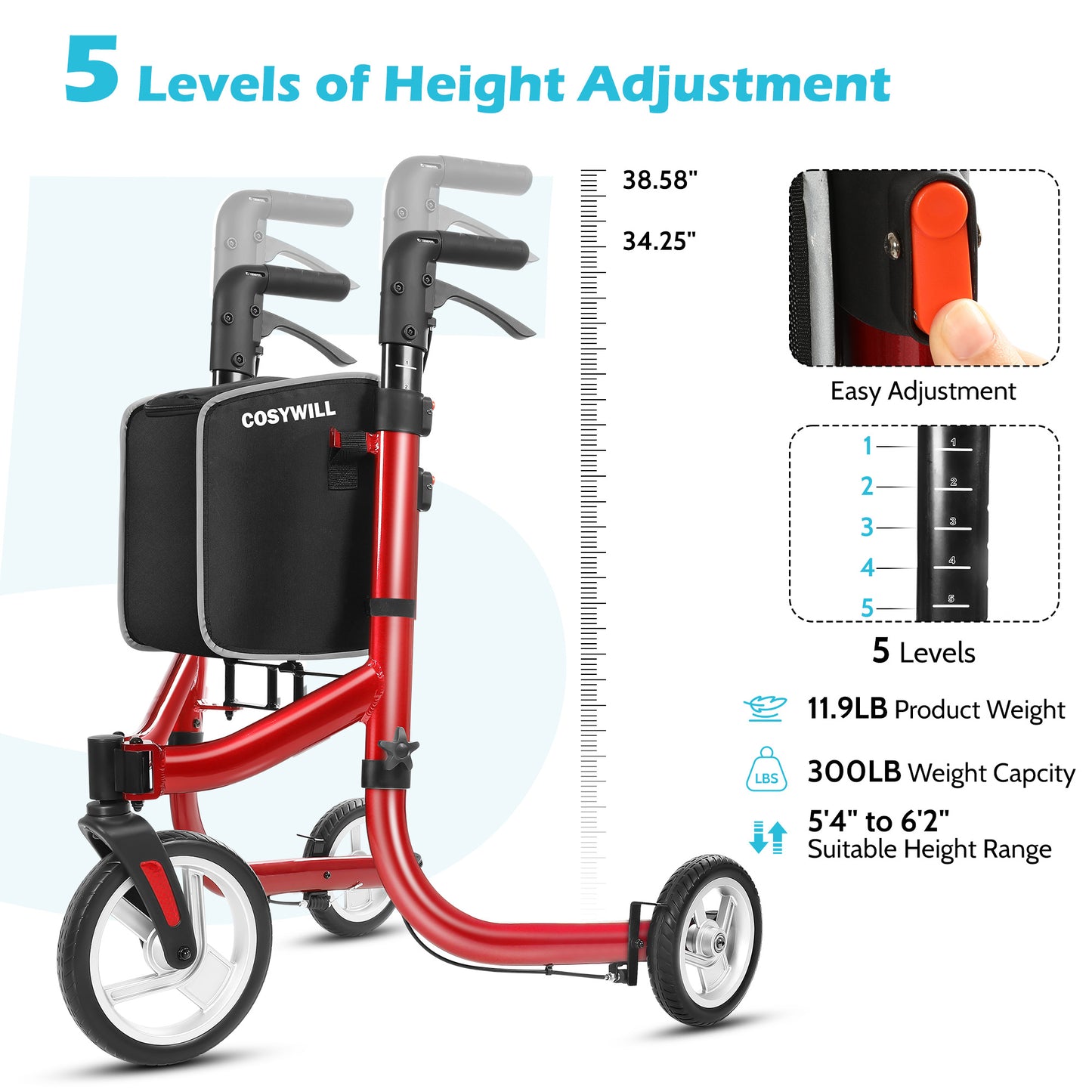COSYWILL 3 Wheel Rollator Walkers for Seniors,Ultra Lightweight Foldable Walker for Elderly with Storage Bag, 10" Three Wheel Modern Mobility Walking Aid Aluminum,Red