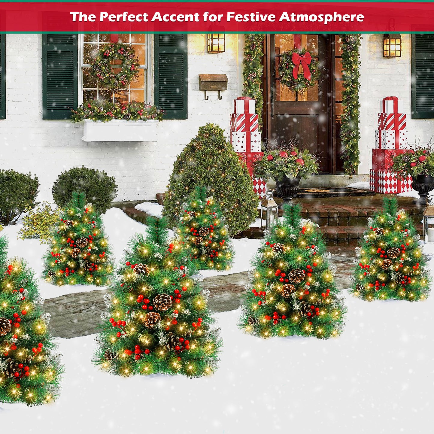 Yexmas 2PCS Small Outdoor Christmas Trees with LED Lights,30" Artificial Xmas Decora for Porch,Yard,Pathway,Garden,PVC+Flocking Pine Needles