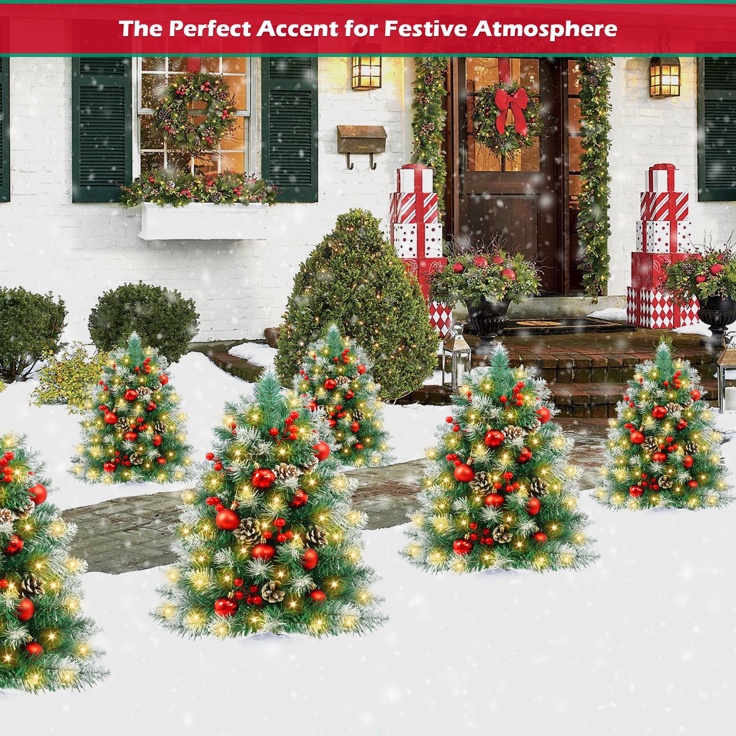 Yexmas 2PCS Small Outdoor Christmas Trees with LED Lights,30" Artificial Xmas Decora for Porch,Yard,Pathway,Garden,PVC