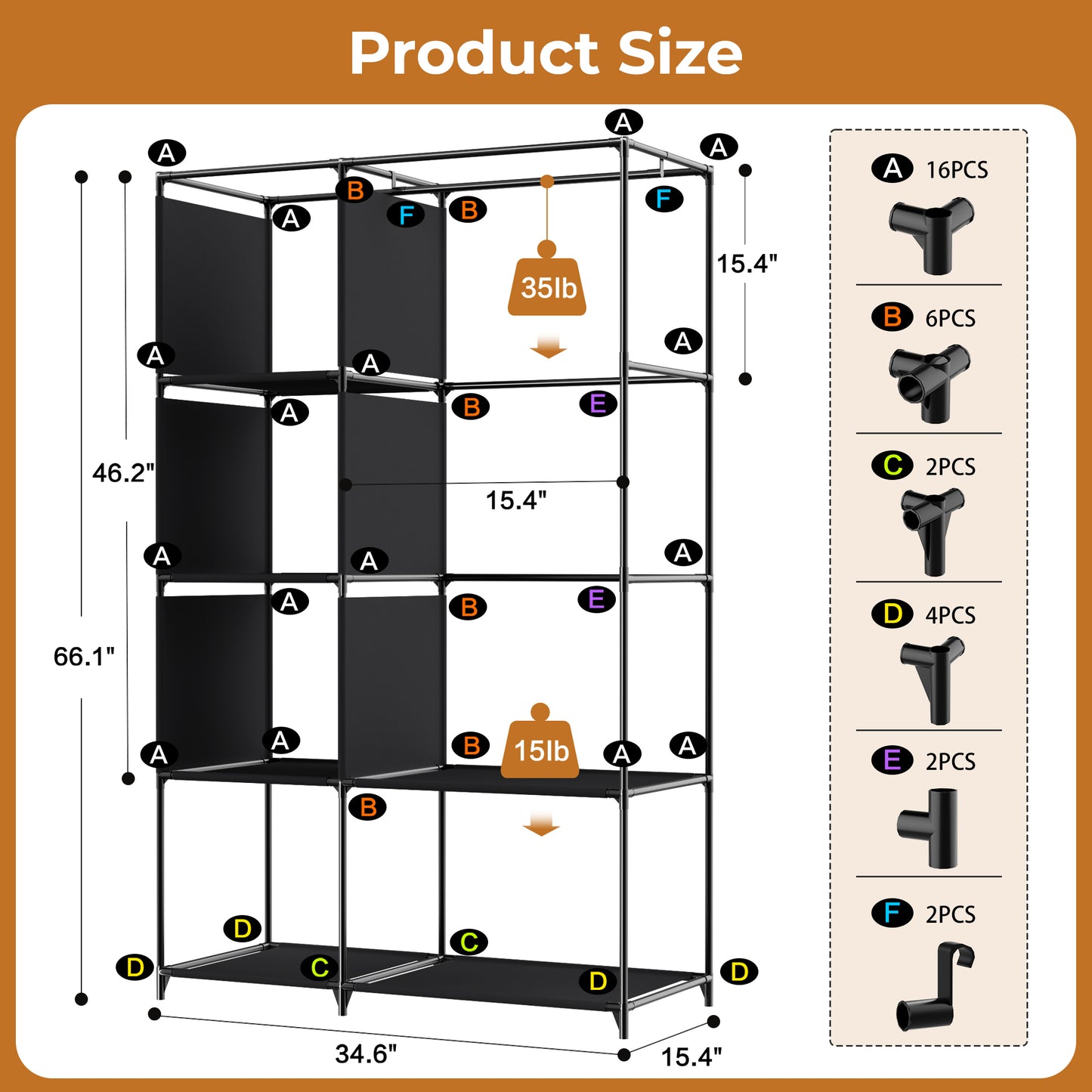YOUPINS Portable Clothes Organizer with Hanging Rod, Portable Closet Non-Woven Fabric,Black