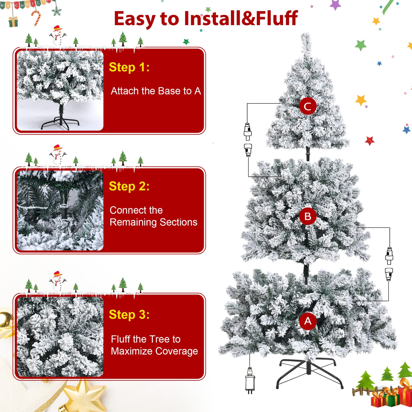 IZNEN 6ft Pre-Lit Snowflake Flocked Christmas Tree,8 Modes LED Lights,Artificial Xmas Tree with Storage Bag