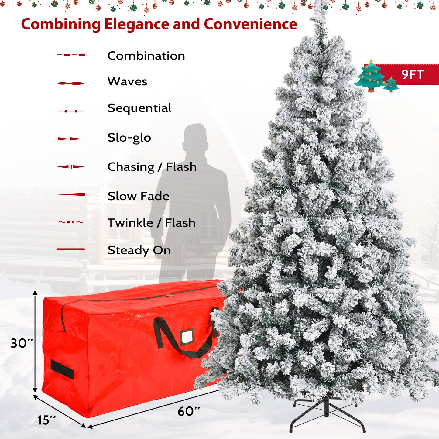 IZNEN 9ft Pre-Lit Snowflake Flocked Christmas Tree,8 Modes LED Lights,Artificial Xmas Tree with Storage Bag