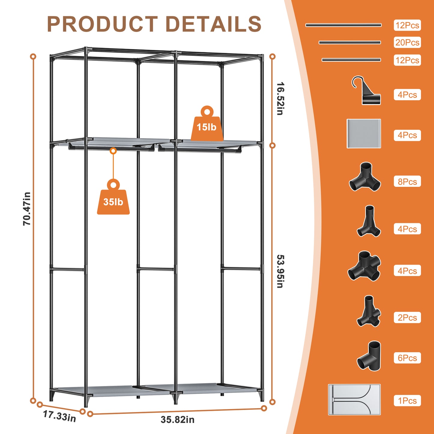 YOUPINS Clothes Organizer with Hanging Rod, Portable Closet with Cover Clothes Rack Sturdy Fabric Wardrobe Organizer,Dark Gary