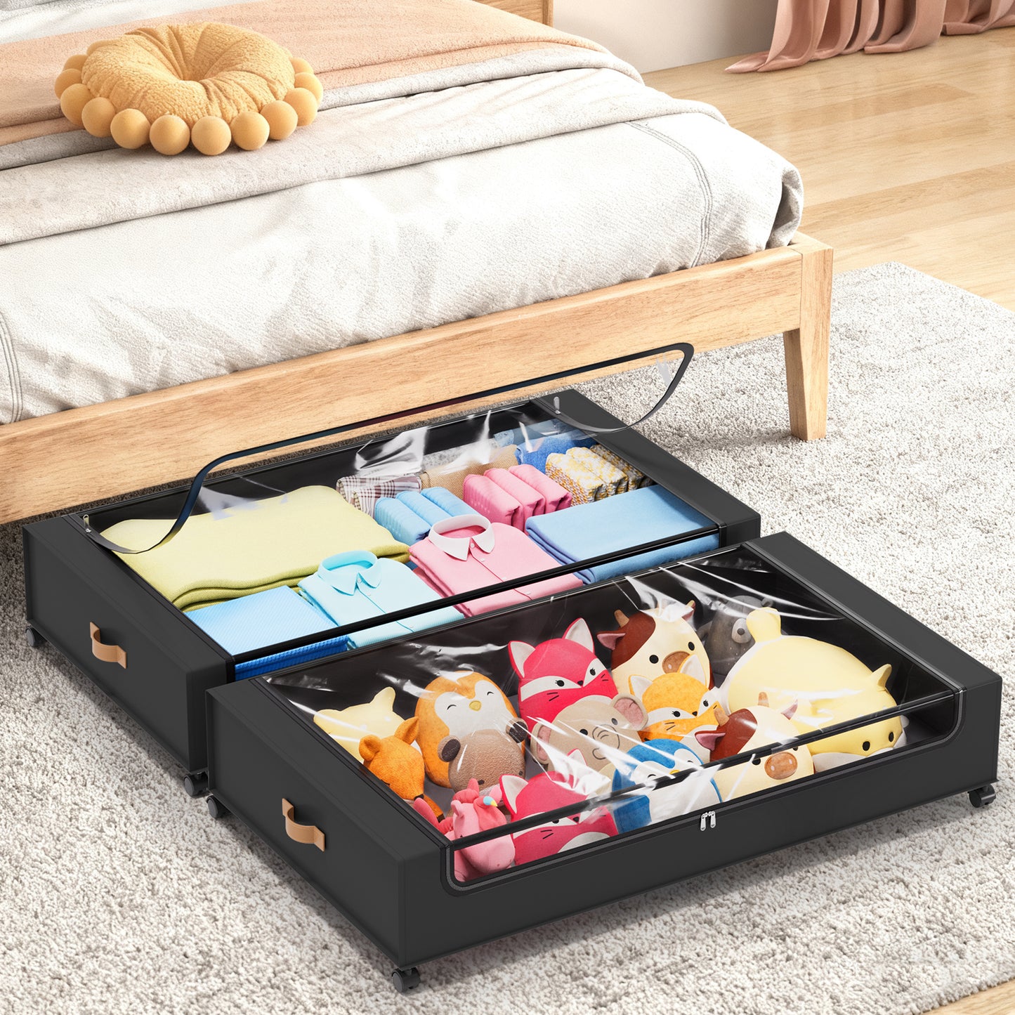 YOUPINS 2 Pack Rolling Under Bed Storage Containers Bin with Wheels, Gray