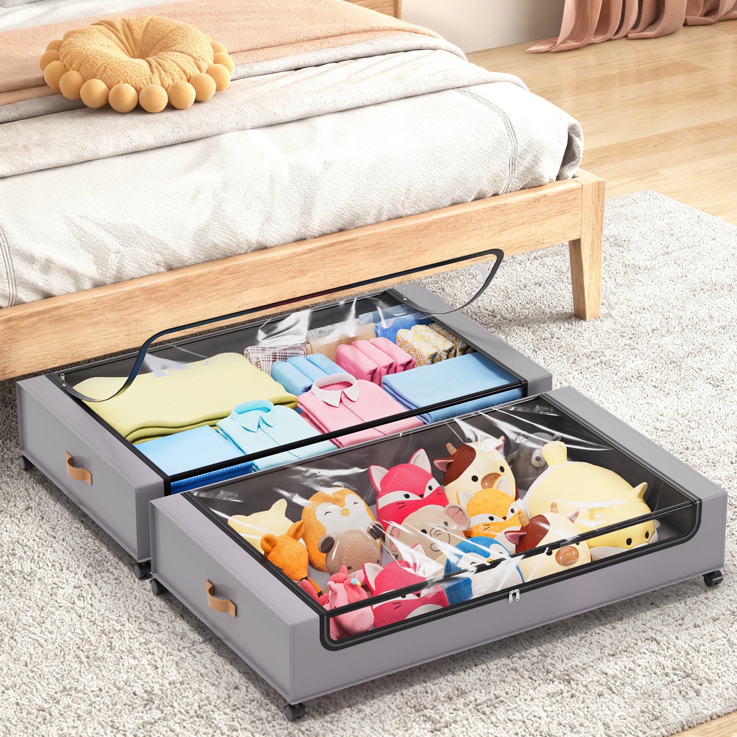 YOUPINS 2 Pack Rolling Under Bed Storage Containers Bin with Wheels, Gray