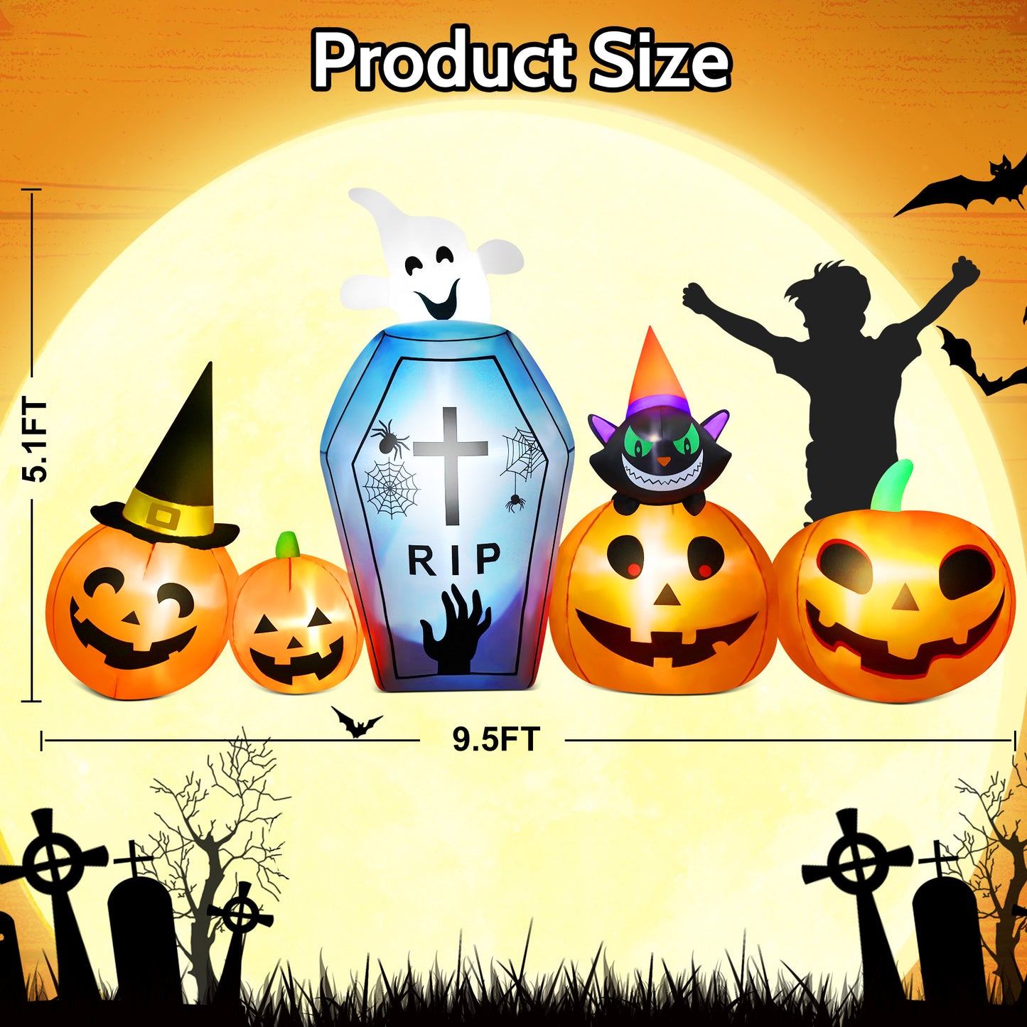 IZNEN 9.5ft Halloween Inflatable Pumpkins Outdoor Decor with Black Cat Tombstone and Spectre,Built-in LED Lights,for Halloween Party,Yard,Garden,Lawn