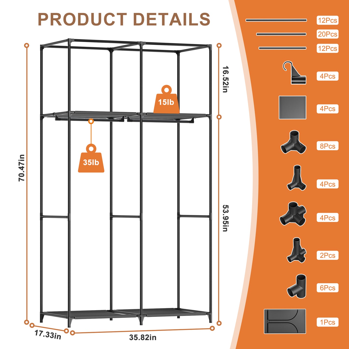 YOUPINS Clothes Organizer with Hanging Rod, Portable Closet with Cover Clothes Rack Sturdy Fabric Wardrobe Organizer,Dark Gary